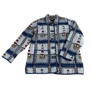 VTG Blair Nautical Lighthouse Tapestry Jacket Women's Large Sailboat Buttons